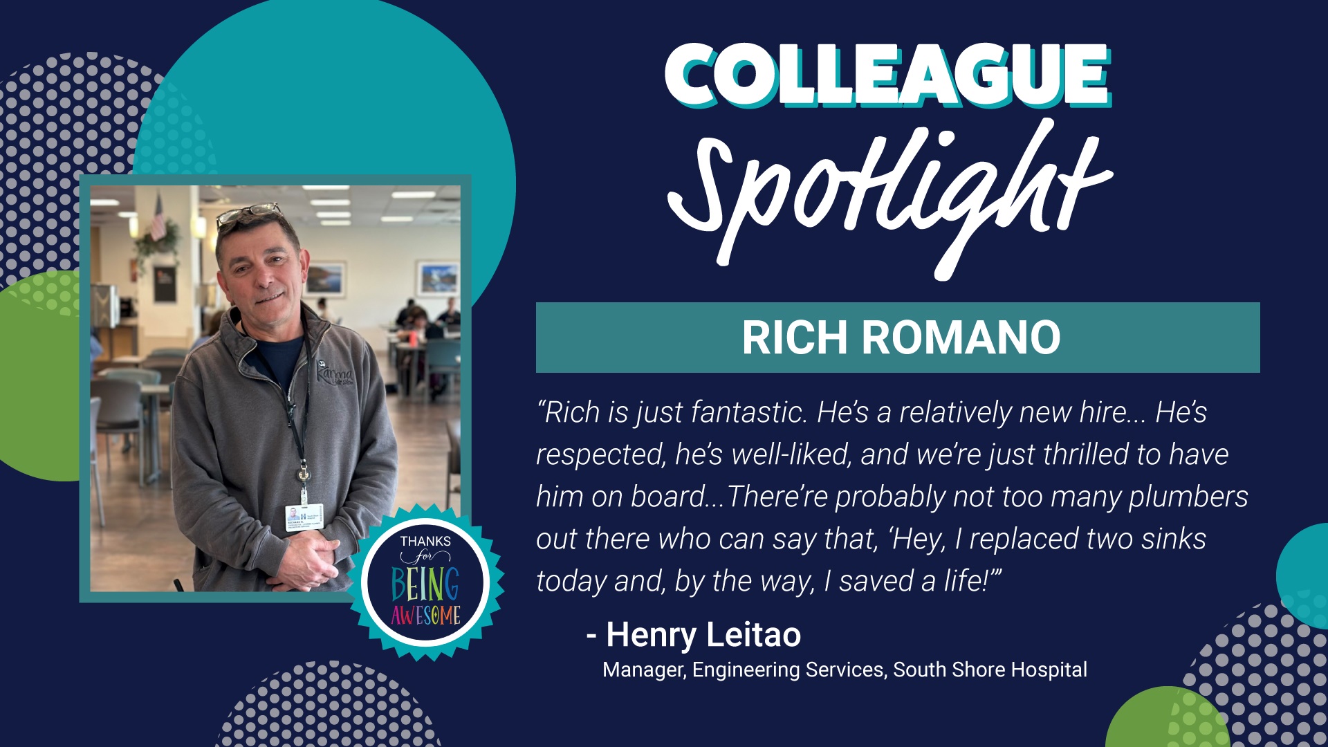 Photo of Rich Romano of South Shore Hospital with "Colleague Spotlight" text and graphics.