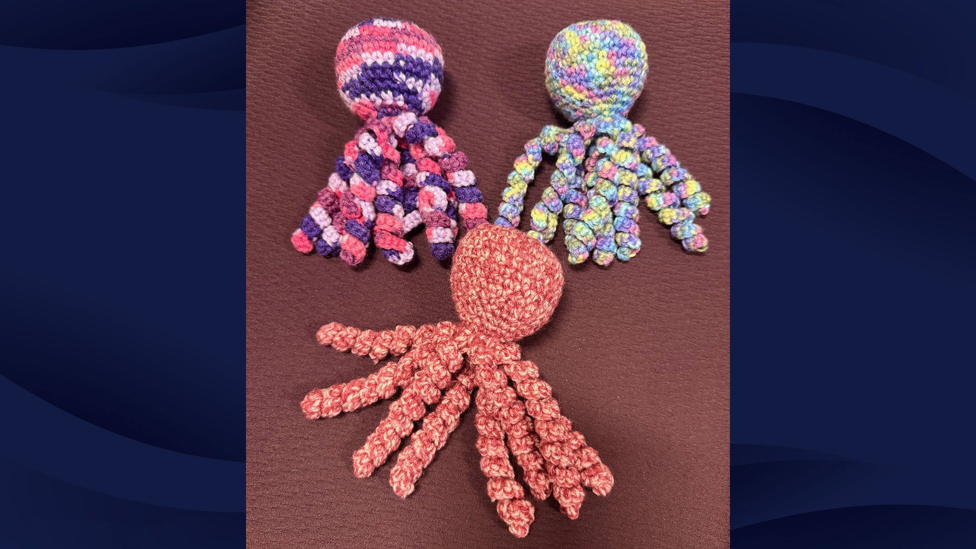 Three different colorful crocheted octopi, donated to South Shore Hospital by a generous crafter