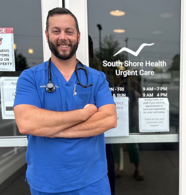 Benjamin Hixon, PA-C outside the Plymouth office of South Shore Health Urgent Care
