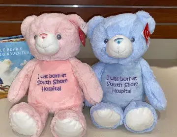Two stuffed teddy bears, one pink and one baby blue, with "I was born at South Shore Hospital" stitching on their chest.