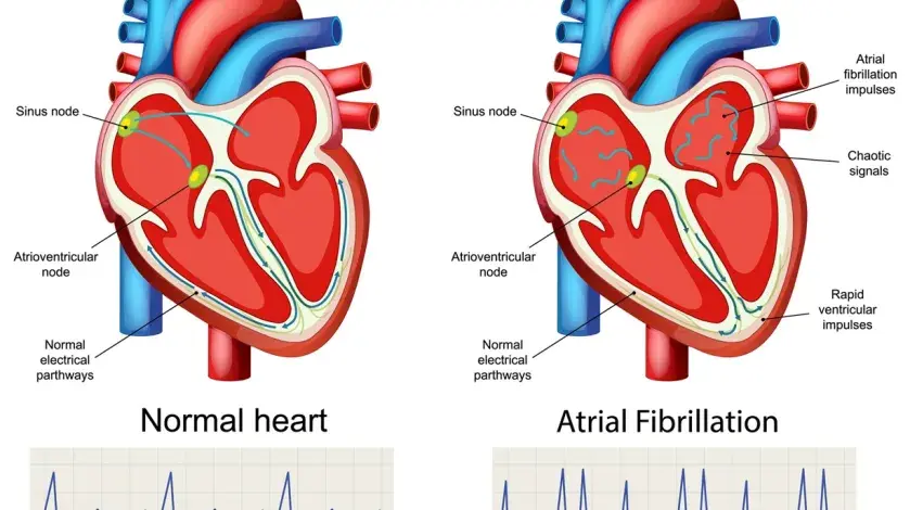 A graphic image of a heart in normal sinus rhythm and one in AFib