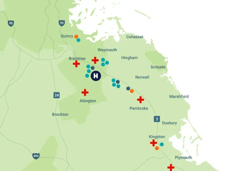 Map showing South Shore Health Locations in the greater Boston Area