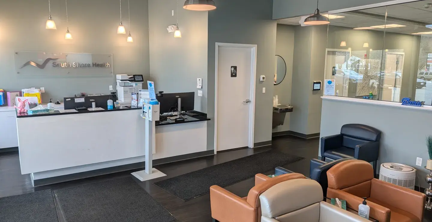 The interior of the main lobby of South Shore Health Urgent Care Braintree