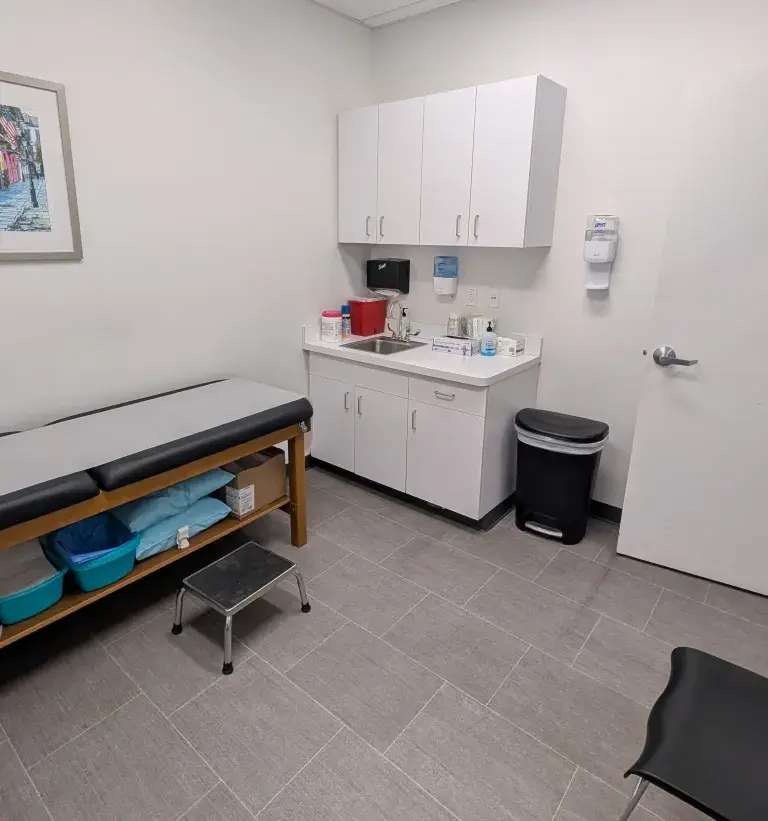 The interior of an exam room at South Shore Health Urgent Care Braintree