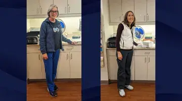 Photos of lactation consultants Hilary (left) and Michelle (right) on a patterned navy blue background.
