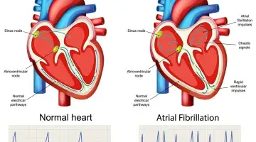 A graphic image of a heart in normal sinus rhythm and one in AFib