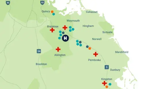 Map showing South Shore Health Locations in the greater Boston Area